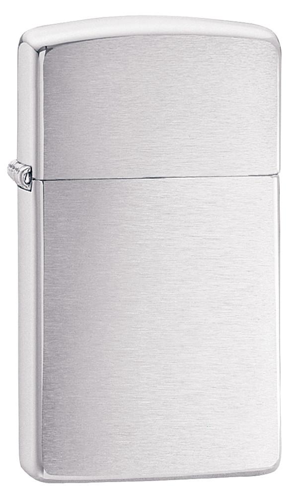 Vue de face 3/4 briquet Zippo Slim Chrome Brushed modèle de base