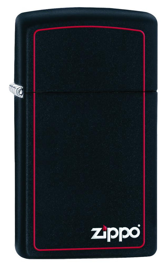 Vue de face 3/4 angle Zippo briquet Slim noir mat avec ligne rouge