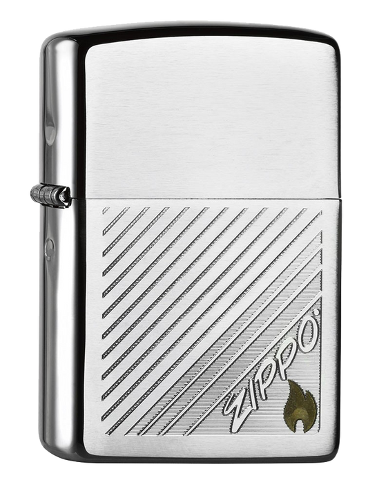 Vue de trois quarts du briquet tempête Zippo Laser Two tone