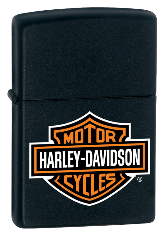 Vue de trois quart du briquet noir avec logo Harley-Davidson®