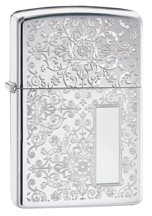 Briquet Zippo vue de face trois quart angle qui montre un design magnifique des fleurs en argent.