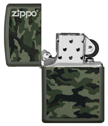 Vue de face du briquet tempête Zippo Camo and Zippo Design éteint, sans flamme