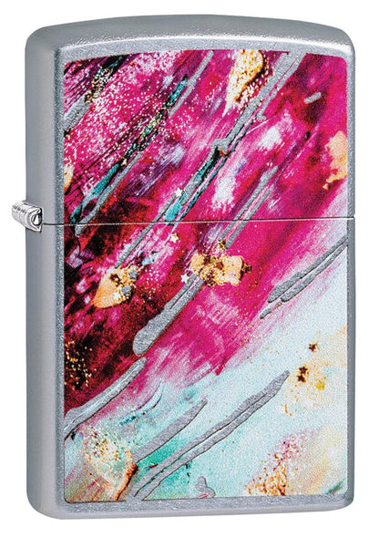 Vue de face 3/4 briquet Zippo chromé avec motif mosaïque rose