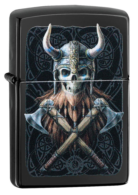 Vue de face 3/4 briquet Zippo tête de mort avec casque viking