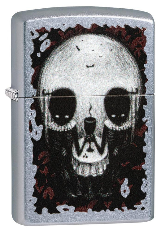 Vue de face 3/4 briquet Zippo chromé illusion d'optique tête de mort