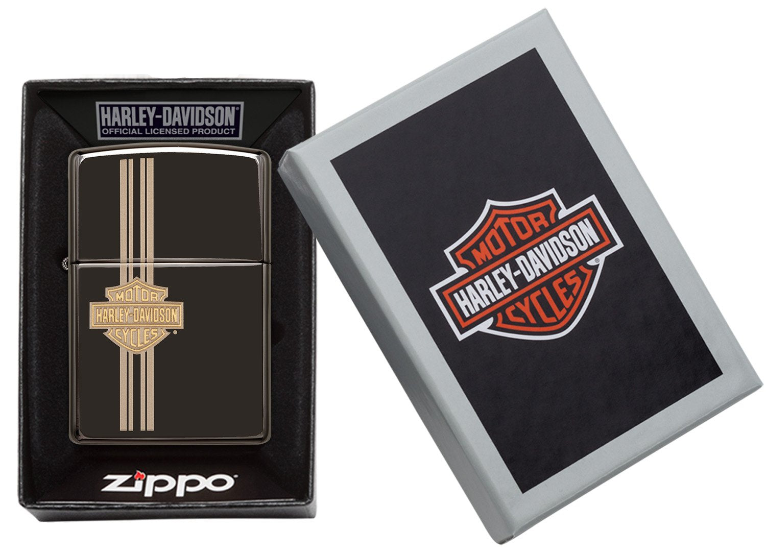 Briquet Zippo noir haute brillance petit logo Harley Davidson gravé, dans une boîte ouverte