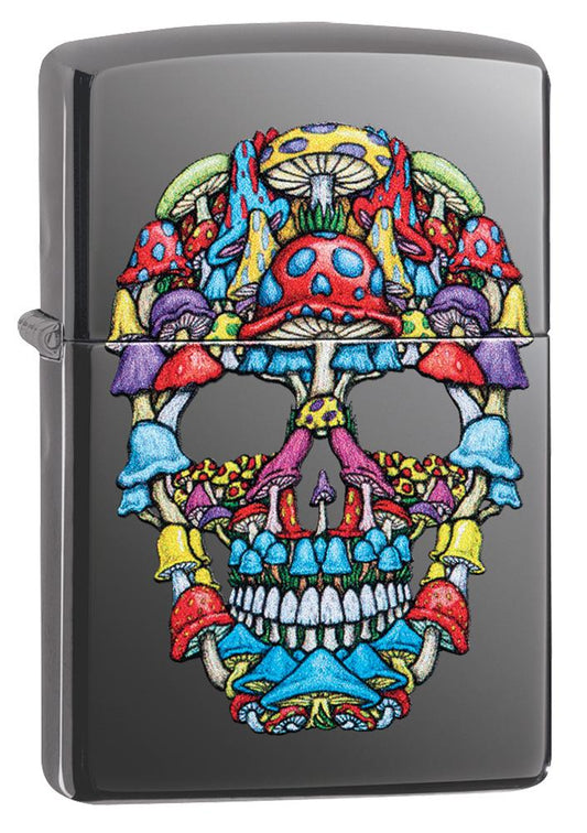 Vue de face 3/4 briquet Zippo tête de mort multicolore gris