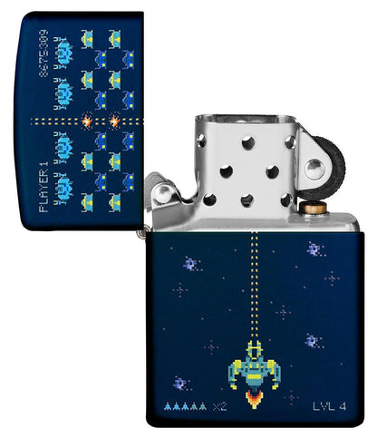 Briquet Zippo bleu avec scène de jeu vidéo, ouvert